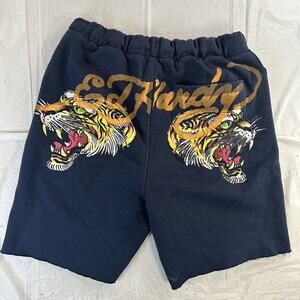 Ed Hardy Mens Screaming Tiger Fleece Shorts Raw Hem Size Small